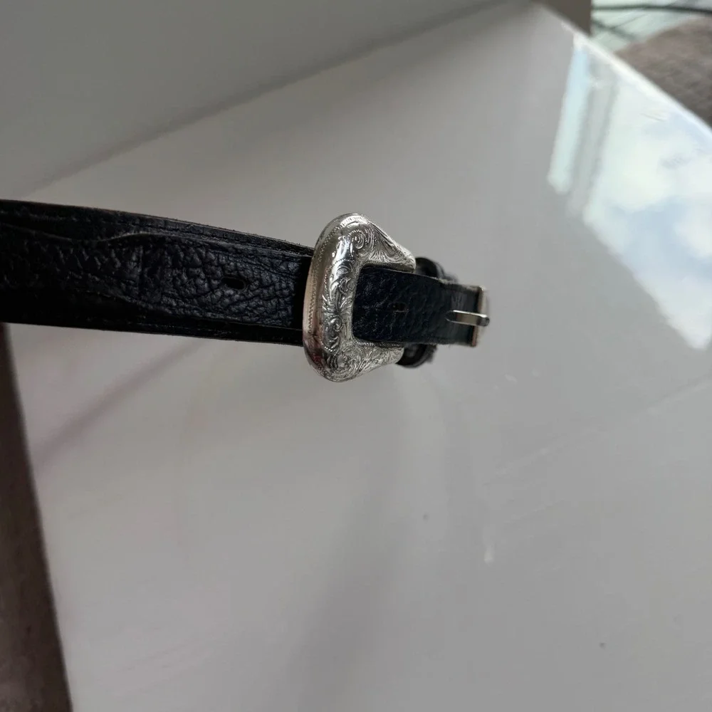 Vintage Fisher Western Style Silver-Toned Buckle Black Leather Belt
